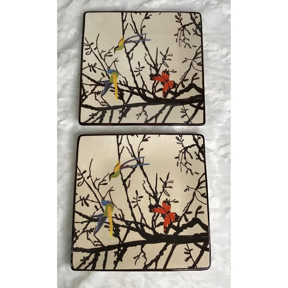 2 Dinner Plates Ceramic Square 9 1/4" Roscher Birds Butterfly Trees Whimsical
